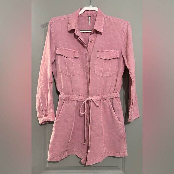 YFB Pink Linen Blend Button-Up Drawstring Romper - Picture 2 of 5